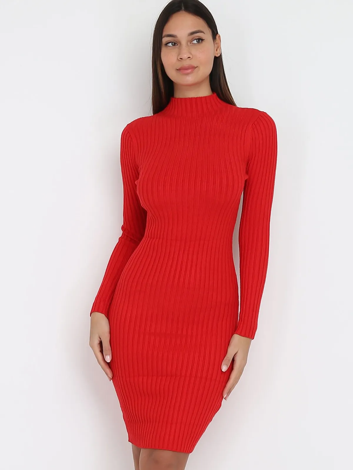 La Modeuse Robe pull côtelée moulante Rouge
