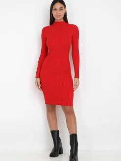 La Modeuse Robe pull côtelée moulante Rouge