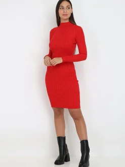 La Modeuse Robe pull côtelée moulante Rouge