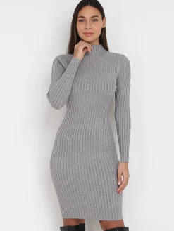 La Modeuse Robe pull côtelée moulante Gris