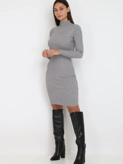 La Modeuse Robe pull côtelée moulante Gris