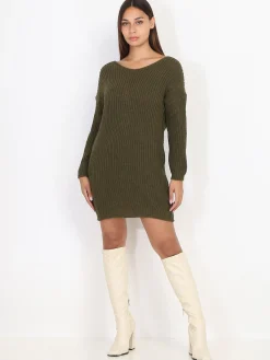 Sale La Modeuse Robe pull dos torsadé Kaki