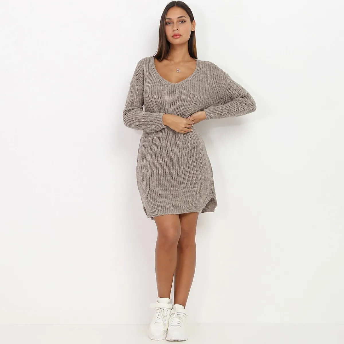Hot La Modeuse Robe pull en maille Taupe