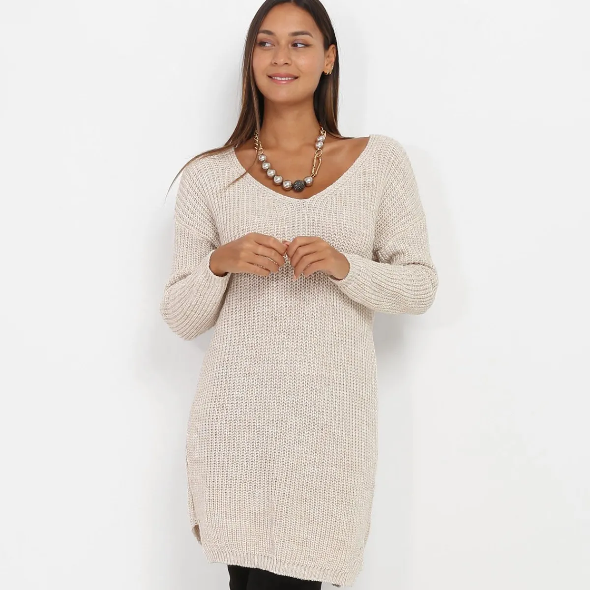 Clearance La Modeuse Robe pull en maille Beige