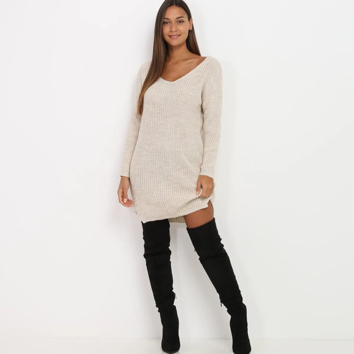 Clearance La Modeuse Robe pull en maille Beige