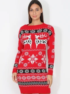 Outlet La Modeuse Robe pull jacquard de Noël Rouge