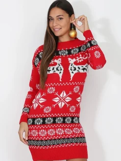 Outlet La Modeuse Robe pull jacquard de Noël Rouge