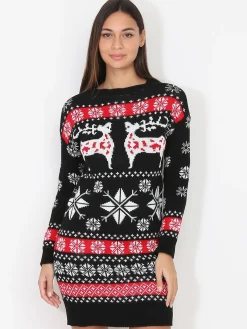 Best La Modeuse Robe pull jacquard de Noël Noir