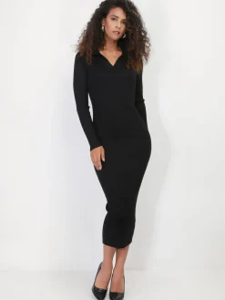 New La Modeuse Robe pull longue à col chemise Noir