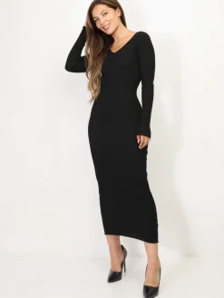 Sale La Modeuse Robe pull longue côtelée à col V Noir