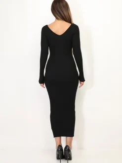 Sale La Modeuse Robe pull longue côtelée à col V Noir