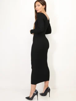 Sale La Modeuse Robe pull longue côtelée à col V Noir