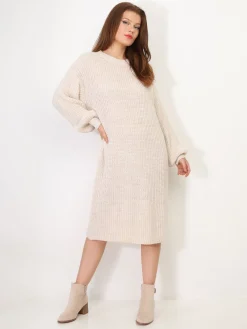Sale La Modeuse Robe pull mi-longue à manches bouffantes Beige