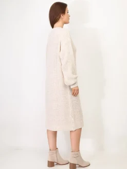 Sale La Modeuse Robe pull mi-longue à manches bouffantes Beige