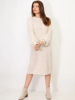 Sale La Modeuse Robe pull mi-longue à manches bouffantes Beige