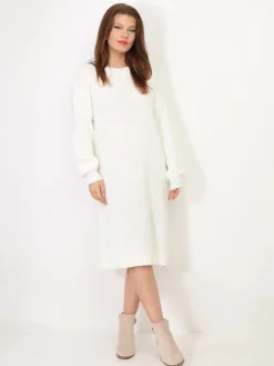Discount La Modeuse Robe pull mi-longue à manches bouffantes Blanc