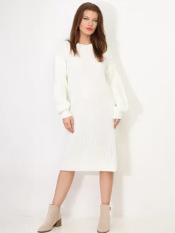 Discount La Modeuse Robe pull mi-longue à manches bouffantes Blanc