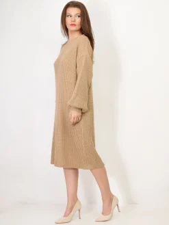 Sale La Modeuse Robe pull mi-longue à manches bouffantes Camel
