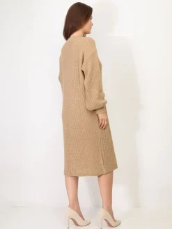 Sale La Modeuse Robe pull mi-longue à manches bouffantes Camel