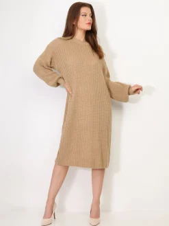 Sale La Modeuse Robe pull mi-longue à manches bouffantes Camel