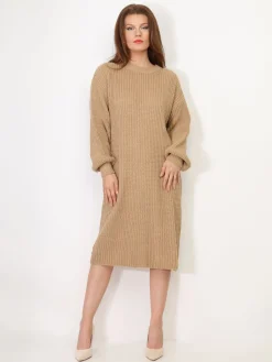 Sale La Modeuse Robe pull mi-longue à manches bouffantes Camel