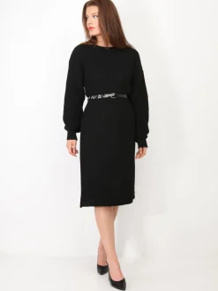 Outlet La Modeuse Robe pull mi-longue à manches bouffantes Noir
