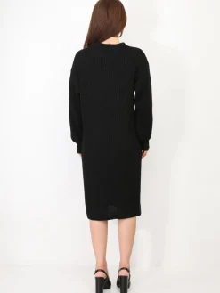 Outlet La Modeuse Robe pull mi-longue à manches bouffantes Noir