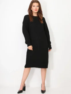 Outlet La Modeuse Robe pull mi-longue à manches bouffantes Noir