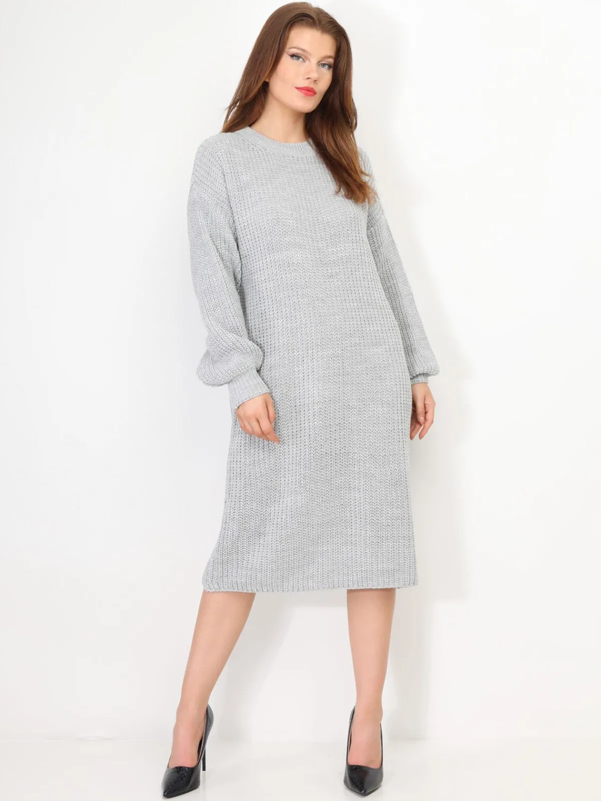 Clearance La Modeuse Robe pull mi-longue à manches bouffantes Gris