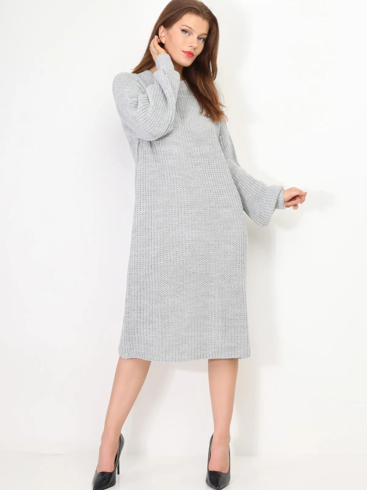 Clearance La Modeuse Robe pull mi-longue à manches bouffantes Gris