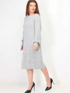 Clearance La Modeuse Robe pull mi-longue à manches bouffantes Gris
