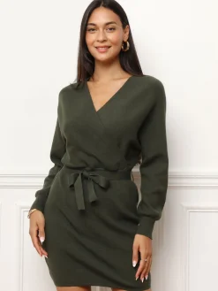 Online La Modeuse Robe pull moulante ceinturée Kaki