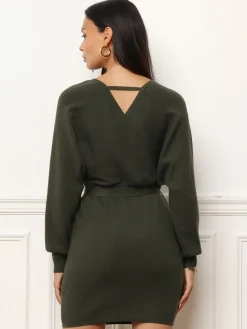 Online La Modeuse Robe pull moulante ceinturée Kaki
