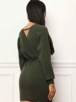 Online La Modeuse Robe pull moulante ceinturée Kaki