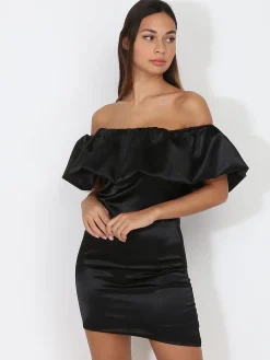 La Modeuse Robe satinée à col bardot bouffant Noir