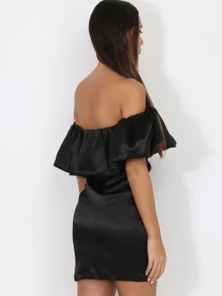 La Modeuse Robe satinée à col bardot bouffant Noir