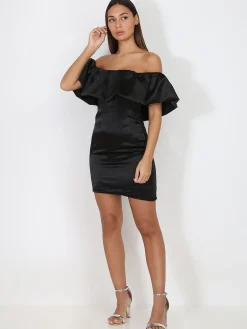 La Modeuse Robe satinée à col bardot bouffant Noir