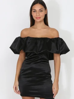 La Modeuse Robe satinée à col bardot bouffant Noir