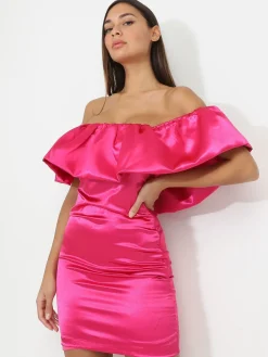 New La Modeuse Robe satinée à col bardot bouffant Fuchsia
