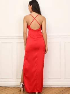 Discount La Modeuse Robe satinée à col bénitier drapé Rouge