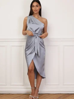 Best La Modeuse Robe satinée asymétrique et ceinturée BleuGivré