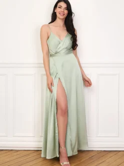 Sale La Modeuse Robe satinée effet portefeuille à bretelles Vertclair