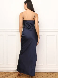 New La Modeuse Robe satinée et fendue à fronces BleuMarine