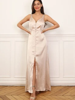 Hot La Modeuse Robe satinée fendue à boutons Dorérose