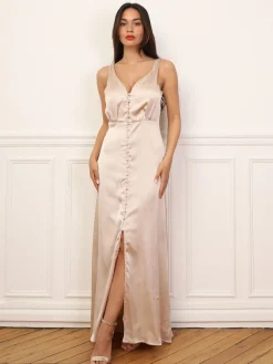 Hot La Modeuse Robe satinée fendue à boutons Dorérose