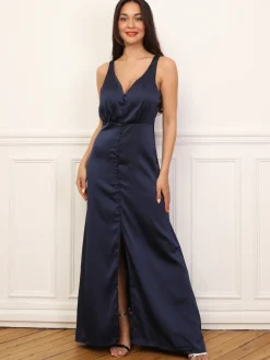 Online La Modeuse Robe satinée fendue à boutons BleuMarine