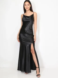 La Modeuse Robe satinée fendue à col bénitier Noir