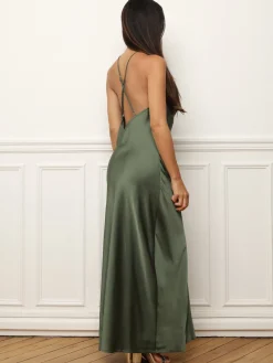Clearance La Modeuse Robe satinée fendue à dos croisé Kaki