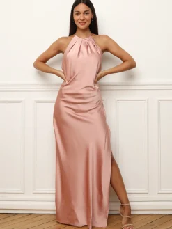 Sale La Modeuse Robe satinée fendue à dos croisé VieuxRose