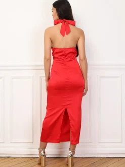 Outlet La Modeuse Robe satinée froncée à col noué Rouge